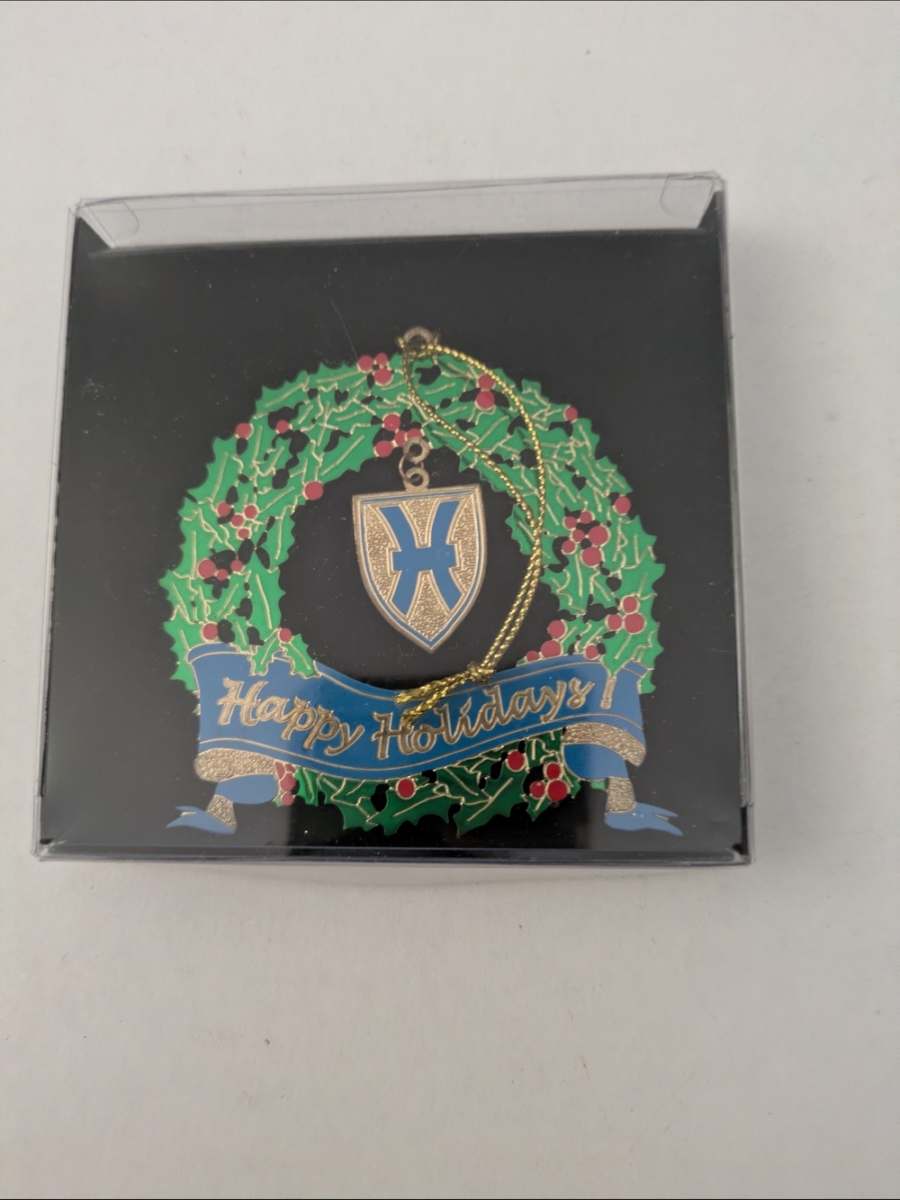 Holiday Wreath Ornament - Green and Blue "Happy Holidays"